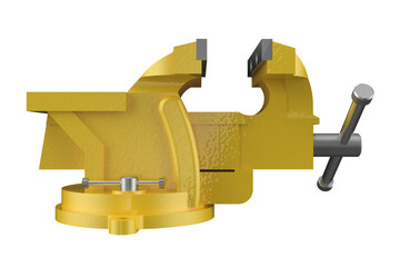 Yellow multipurpose bench vise, with an open jaw position. Tool is isolated on a PNG Transparent HD Background. High resolution image.