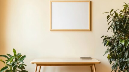 Modern workspace mockup: desk blank frame and plant against a cream background perfect for showcasing designs or advertisements 