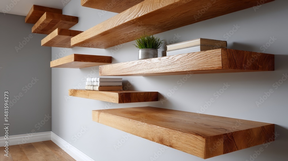 Aufkleber Close-up of a modern oak bookshelf featuring clean lines and substantial wooden shelves against a neutral backdrop, emphasizing its elegance and functionality