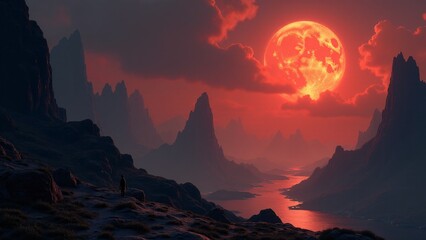 Blood Moon Rising Over Dark Mountains