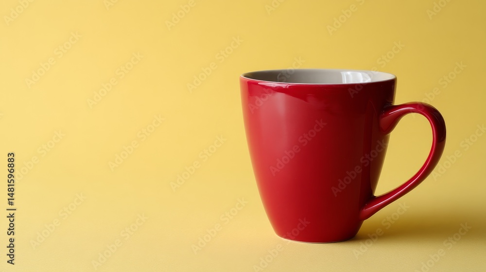 Poster A glossy red ceramic cup stands alone on a bright yellow background, creating a striking visual contrast in a modern editorial style perfect for commercial use