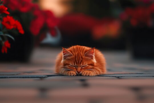 Sleepy ginger kitten outdoors