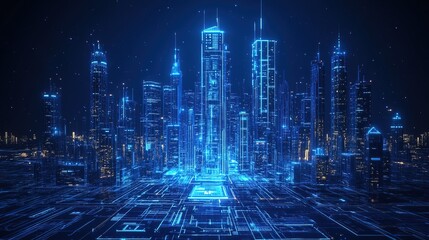 A holographic blueprint of a high-tech smart building in a futuristic city 