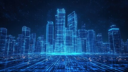 A holographic blueprint of a high-tech smart building in a futuristic city 