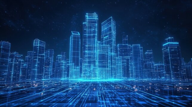 A holographic blueprint of a high-tech smart building in a futuristic city 