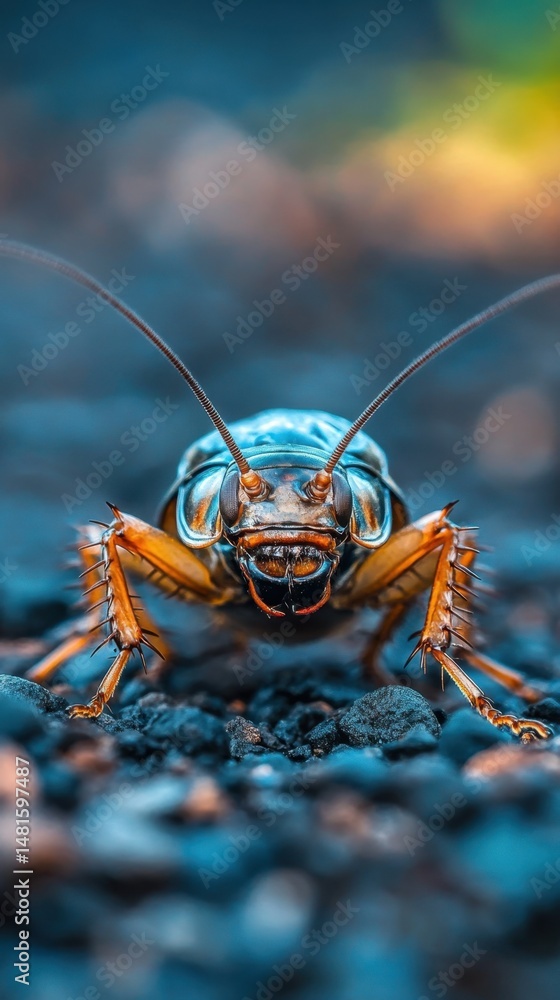 Poster macro close-up of a cockroach crawling on rocks ground level perspective with blurry background in n