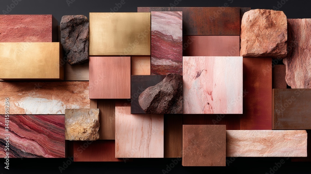 Aufkleber close-up view of a grid featuring various natural stone tiles in earthy tones, showcasing textured s