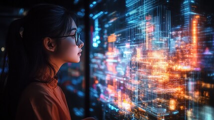 A high-tech urban laboratory where AI-generated holographic buildings evolve in real-time