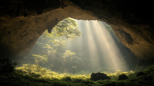 Hidden Waterfall Cave Sunlight Beams Lush Green Foliage