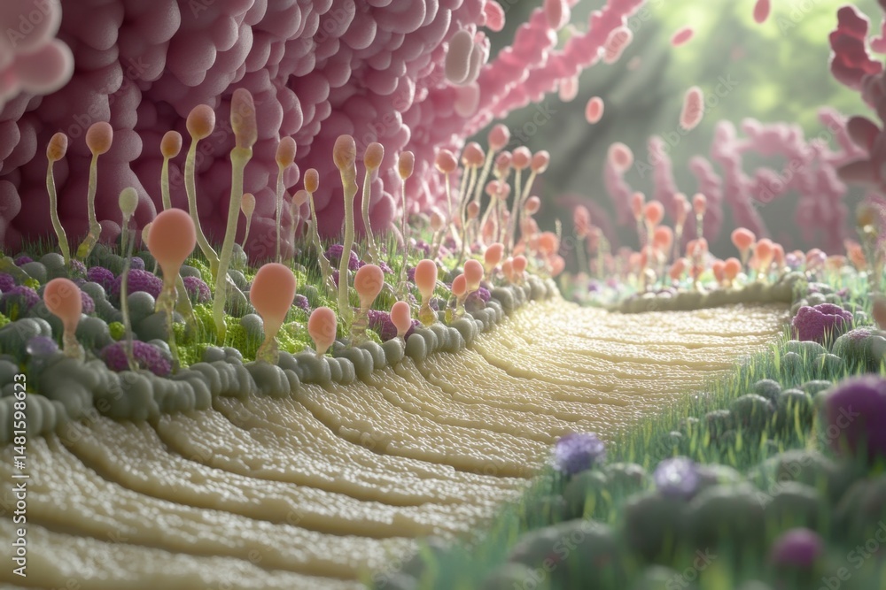 Poster microscopic landscape of intestinal villi with mushroom-like structures and light rays, macro view, 
