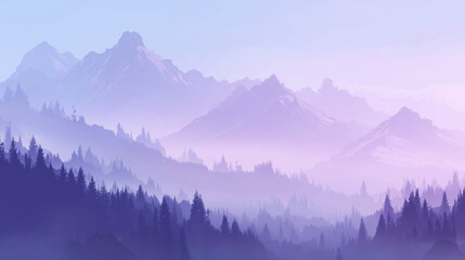 Obraz premium purple mountains with peaks covered in soft mist, silhouettes of trees at the foot of the mountain, gradient background from light purple to pale blue