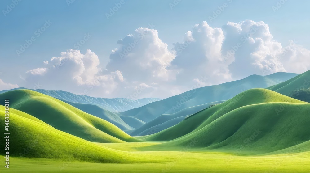 Poster 太陽が降り注ぐ緑の丘陵地帯と明るい青空の風景 パノラマの眺めと穏やかな自然のシーン 晴れた日の田園風景 夏の観光地の背景