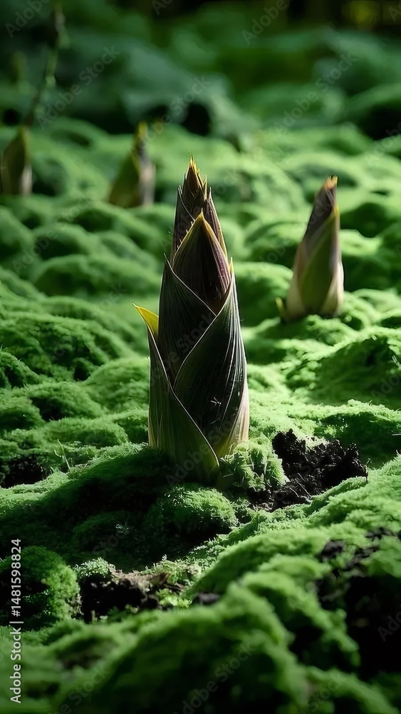 Poster 明るい緑の苔の背景に焦点の合った新しい植物の芽 自然光とソフトフォーカス 庭の生命の息吹を発見