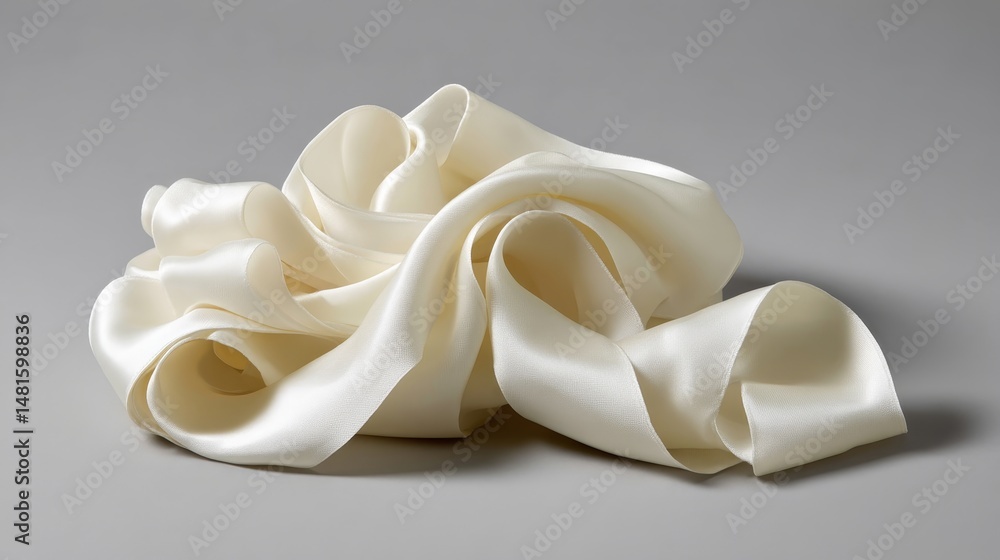 Poster a close-up view of a flowing ivory satin ribbon draped against a soft gray background, showcasing te