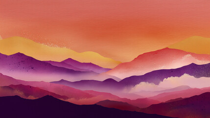 Fototapeta premium purple mountain landscape at sunset emits golden light, sky gradient from orange to dark purple