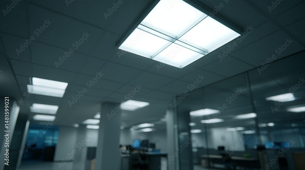 Poster Close-up of a sleek motion-sensor light mounted on minimalist ceiling, casting a soft glow over a blurred modern workspace, ensuring clean and secure atmosphere