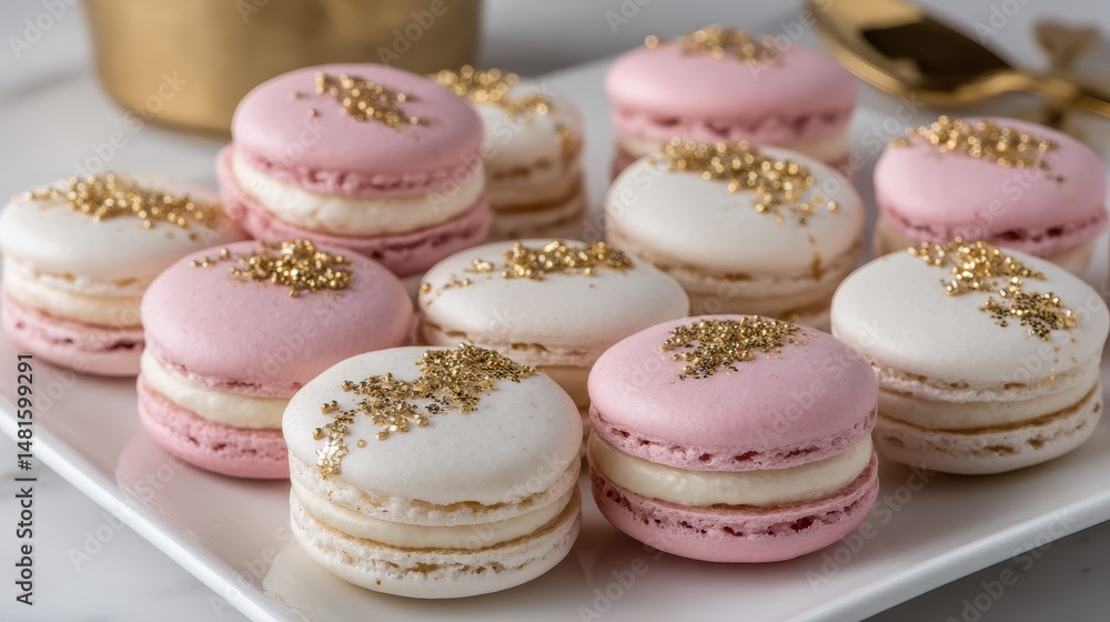 Poster close-up display features pastel pink and cream macarons with delicate sprinkle accents, elegantly a