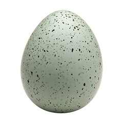 Close up shows a single pale green egg with dark speckles on transparent background