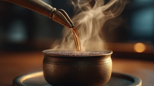 Pouring Ritual: The artful pouring of a steaming, aromatic liquid, capturing the essence of tradition and flavor. A close-up shot highlighting the ritual, heat and craft.
