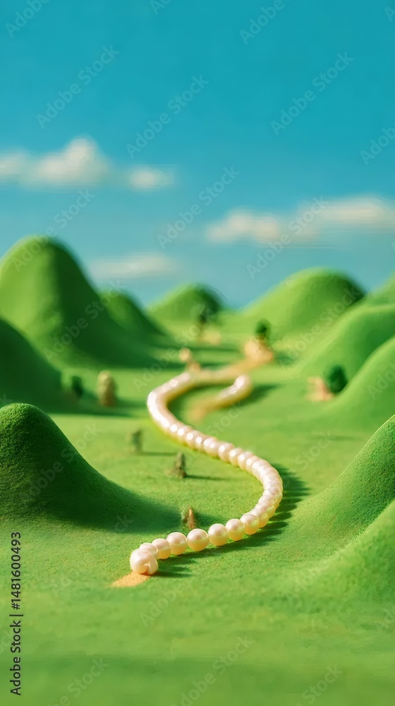 Poster 緑の丘を蛇行する真珠色の道が青空の下に広がる穏やかな風景 鮮やかな緑の草地と柔らかな丘が続く爽快な屋外シーン 絵になる背景が魅力的
