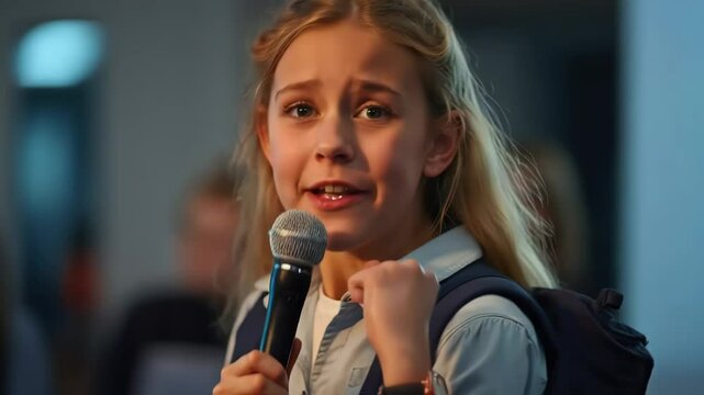 Young student delivering passionate speech at podium microphone

