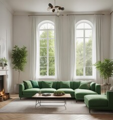 Bright living space, sofa, coffee table, green accents, white,  airy