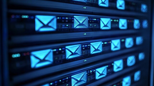 Email server network infrastructure: hosting communication data storage and digital connection shows email symbols on the rack and represents technology solutions for secure electronic messaging 