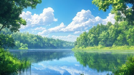 Serene lakeside landscape featuring lush trees reflecting on calm waters