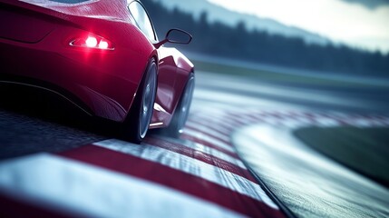 Red race car drifting motion blur on track corner motorsport vehicle dynamic background and dramatic lighting