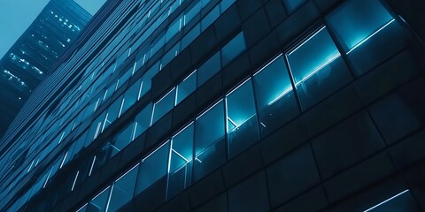 Obraz premium Modern Blue Building Facade with Windows and Glowing Lines Architectural Design