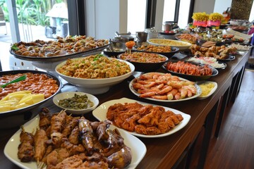 Diverse buffet spread of various dishes.