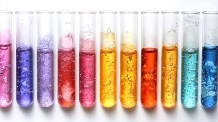 Vibrant Spectrum of Bubbling Chemical Solutions in Laboratory Test Tubes Arranged Neatly