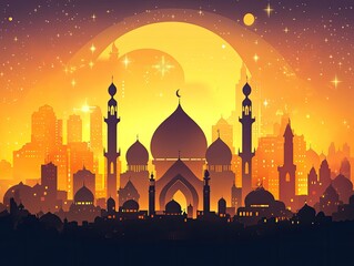 Silhouette of a Muslim city at night under a golden moon.