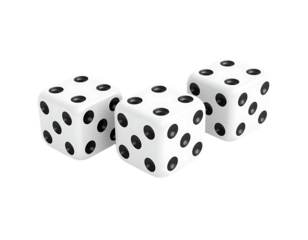 Three White Dice with Black Dots on a Transparent Background