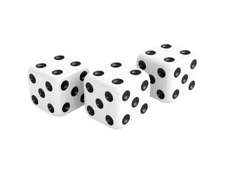 Three White Dice with Black Dots on a Transparent Background