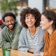 Fototapeta premium Friends share laughter and engaging conversation at a cozy cafe, sipping drinks and enjoying each other's company on a bright day filled with warmth and joy