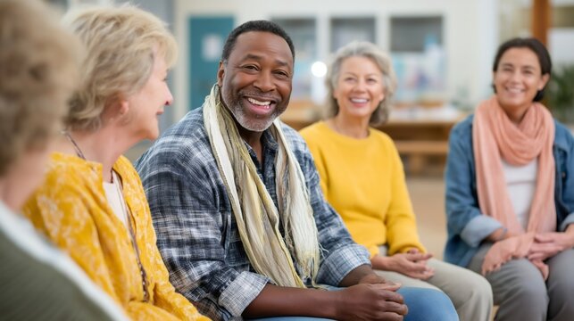 In a welcoming environment, participants engage in a support group discussion, sharing smiles, and experiences, highlighting the importance of community and emotional well-being