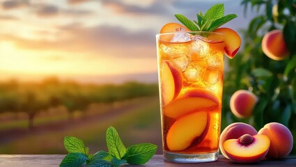Refreshing Peach Iced Tea with Mint at Sunset