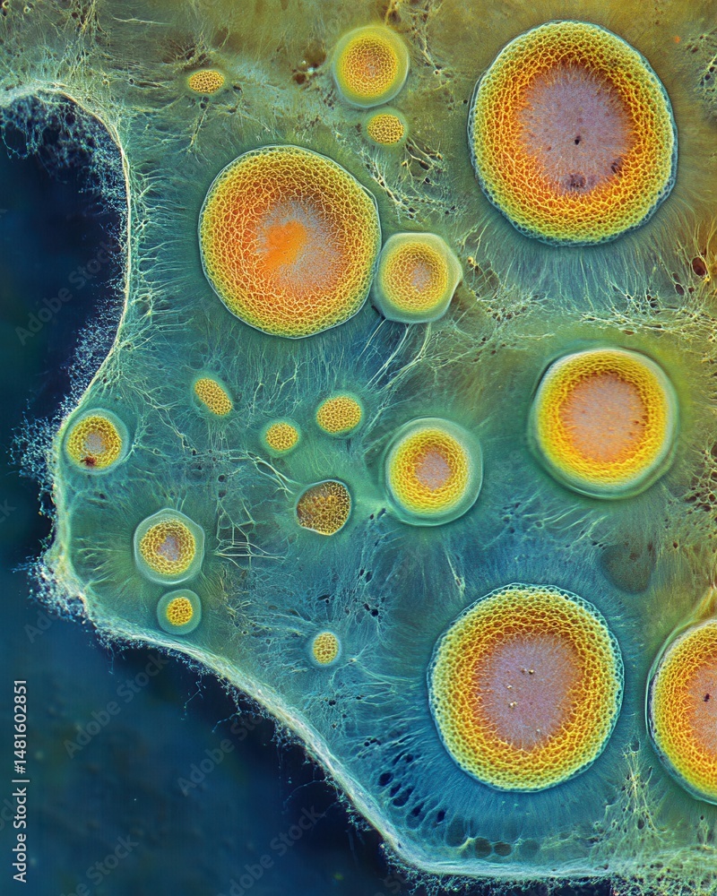 Poster abstract close-up of mold growth with vibrant colors and intricate details showing texture and patte