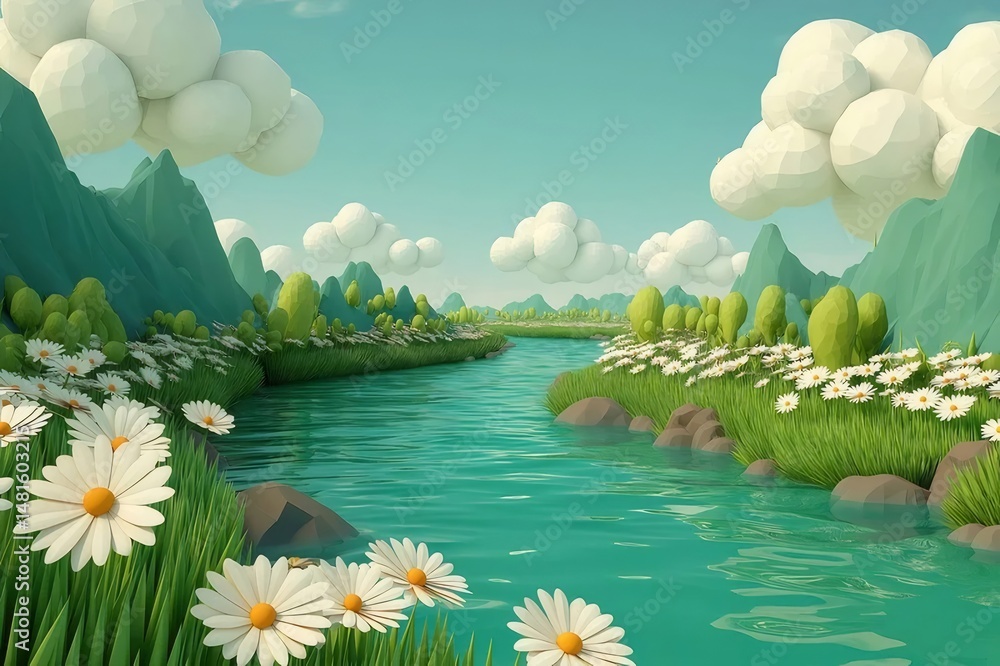 Poster 青い空と白い雲が浮かぶ鮮やかな緑の風景 川辺に咲く白いデイジーと緑の草が美しいローポリスタイルのピクセルアート