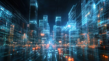 A digital holographic city where buildings form and disappear in real time