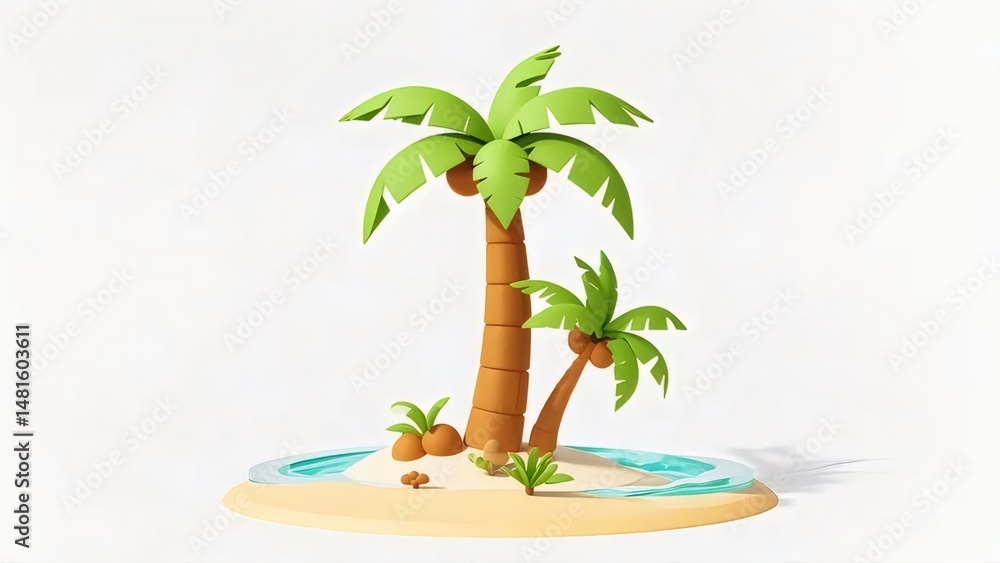 Poster 白い背景にヤシの木と穏やかな青い海と砂浜の小さな島のあるトロピカルな夏の楽園の3dレンダリング