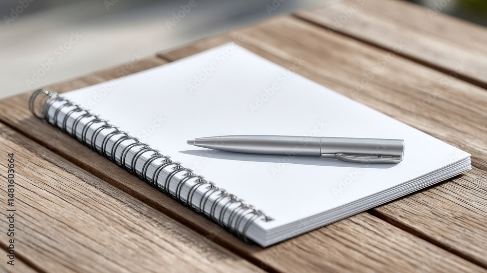 Poster Close-up view of an open blank notebook with a metallic pen lying diagonally, resting on a wooden table illuminated by natural light