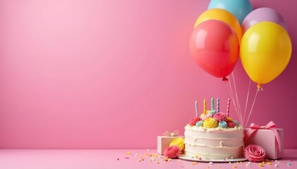 Colorful balloons, cake, and gifts on a bright background, pastel, anniversary