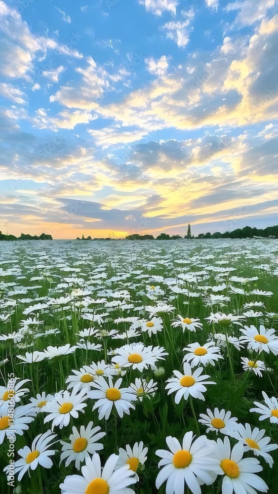 Poster デイジーフィールドの息をのむようなパノラマの景色 夕暮れ時の空の下で咲き誇る白い花々が静寂と美しさを呼び起こす 夏の日の自然の楽園