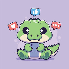 Cute Cartoon Alligator Engaged in Social Media on Smartphone
