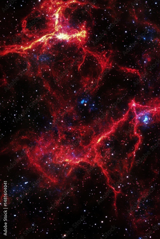 Poster dramatic space nebula formation with red clouds and bright stars in deep outer space galaxy view