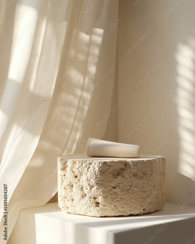 Poster minimalist studio shot of textured stone podium and cone shape against a soft neutral backdrop with 
