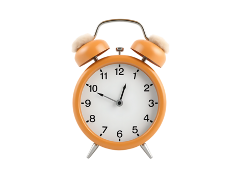 Close-up of an orange alarm clock showing the time