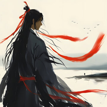 Man in black robes with red ribbon in his hair, standing on a beach